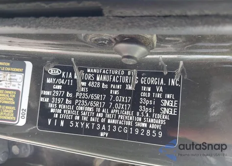 2012 Kia Sorento Lx из США, поврежденный, VIN 5XYKT3A13CG192859